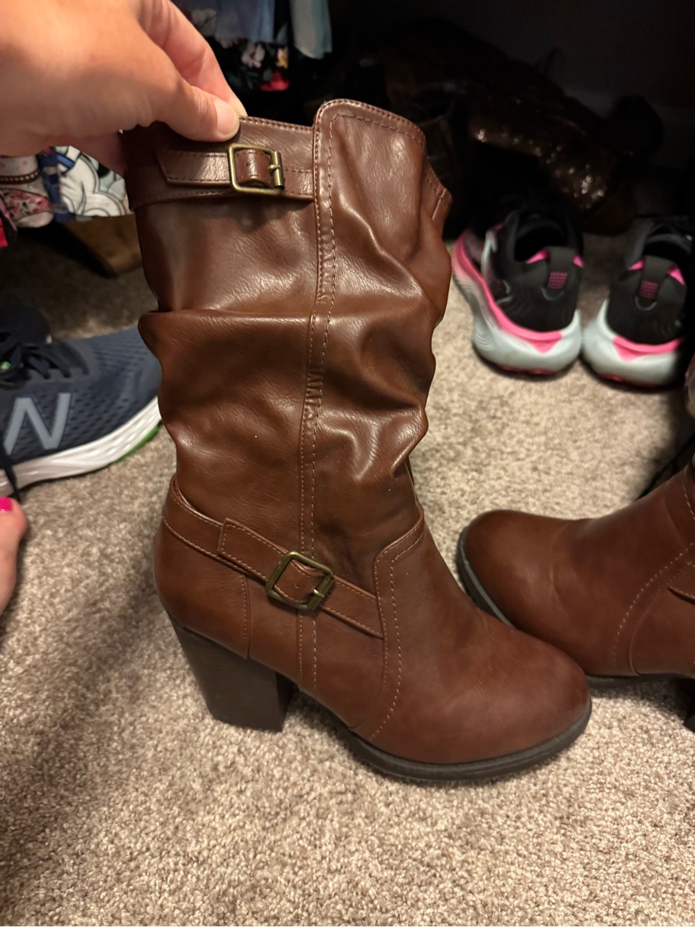 Women's Brown Heeled Mid-Calf Boots - Classic Buckle Detail